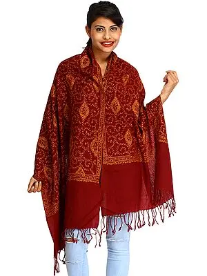 Oxblood-Red Sozni Hand-Embroidered Stole from Kashmir with Bootis
