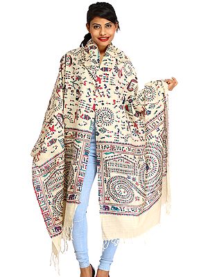 Off-White Printed Dupatta from Bengal with Warli Folk Motifs