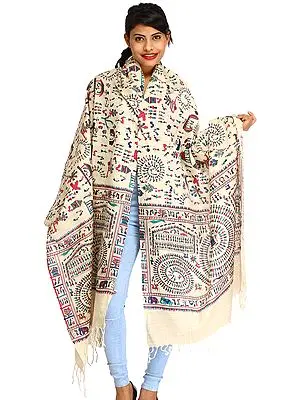 Off-White Printed Dupatta from Bengal with Warli Folk Motifs