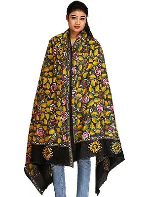 Jet-Black Dupatta from Kolkata with Kantha Hand-Embroidered Leaves