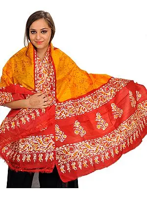 Marigold and Red Batik Dyed Shawl with Floral Print