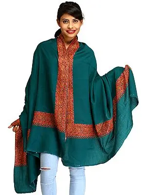 Teal-Green Plain Tusha Shawl from Kashmir with Sozni Hand-Embroidery on Border