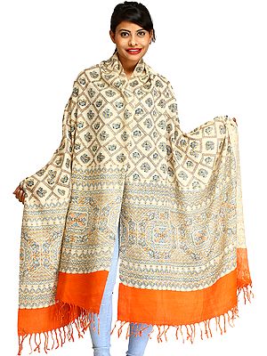 Almond-Oil Madhubani-Printed Dupatta from Bengal with Solid Border
