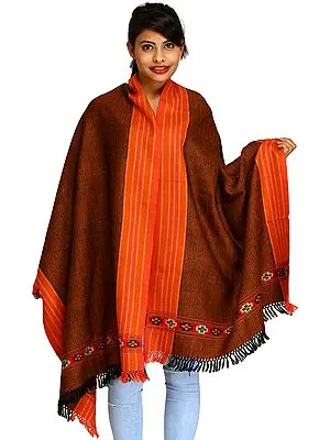 Brown and Paprika Stole from Kullu with Thread Weave and Striped Border