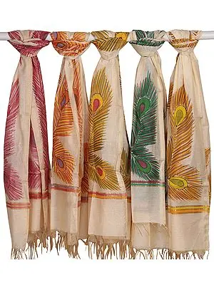 Lot of Five Dupattas from Banaras with Printed Peacock Feathers