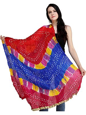 Multicolored Bandhani Tie-Dye Crinkled Dupatta with Gota Border