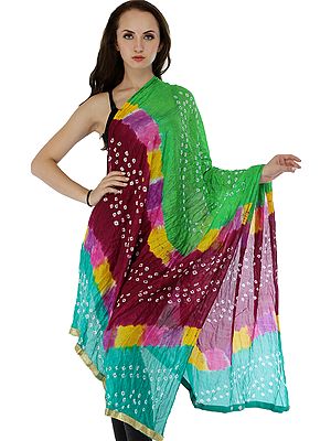 Multicolored Bandhani Tie-Dye Crinkled Dupatta with Gota Border