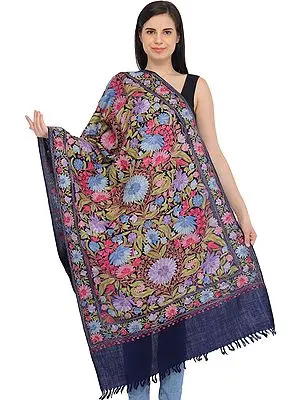 Patriot-Blue Kashmiri Stole with Aari-Embroidered Flowers