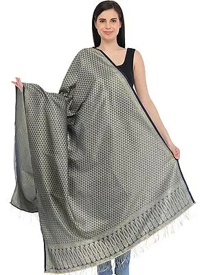 Folkstone-Gray Zari Brocaded Shawl from Banaras with Woven Small Bootis All-Over
