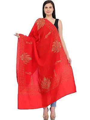 Bittersweet-Red Tusha Shawl from Kashmir with Sozni-Embroidery by Hand