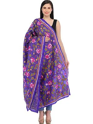 Spectrum-Blue Kantha Dupatta from Kolkata with Hand-Embroidered Roses