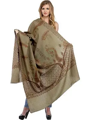 Tuffet-Gray Tusha Shawl from Kashmir with Needle Hand Embroidery