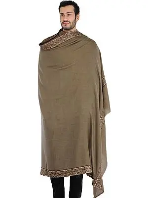 Plain Men's Shawl from Amritsar with Paisleys Embroidered Patch Border