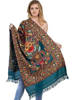 Deep-Lake Kashmiri Stole with Aari Floral Embroidery by Hand