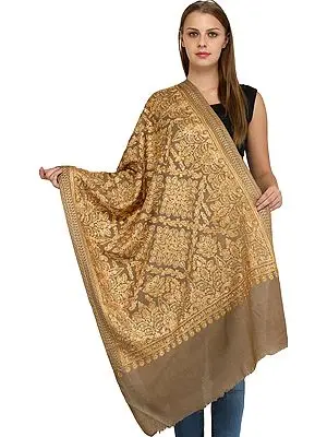 Wood-Smoke Shawl from Amritsar with Aari Embroidered Large Bootis