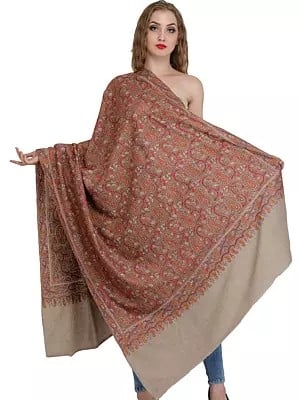 Light-Taupe Pure Pashmina Shawl from Kashmir with Sozni Floral Embroidery All-Over