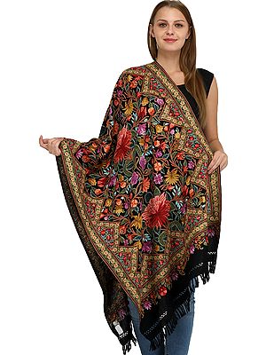 Ink-Black Stole from Kashmir with Aari Hand-Embroidered Flowers All-Over