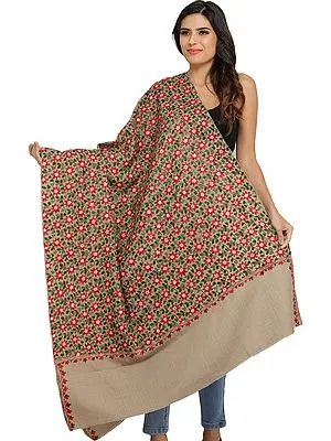 Light-Taupe Pure Wool Shawl from Amritsar with Aari Floral Embroidery All-Over