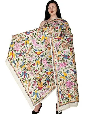 Italian-Straw Dupatta from Kolkata with Kantha Embroidered Flowers and Birds by Hand