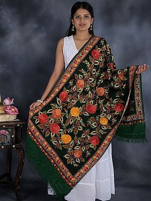 Garden-Green Kashmiri Stole with Aari Hand-Embroidered Floral Vines