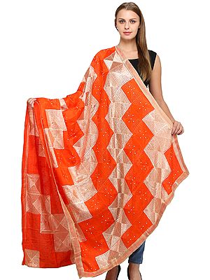 Phulkari Embroidered Dupatta from Punjab with Sequins and Gota Border