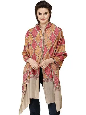 Wood-Ash Kashmiri Tusha Stole with Sozni Embroidered Florals In Geometric Pattern