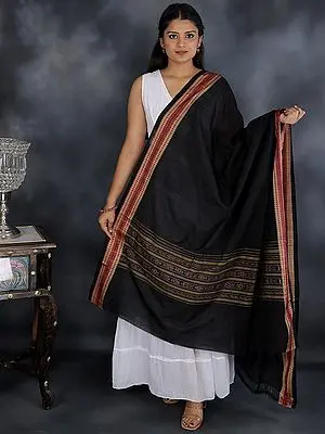 Caviar-Black Sambhalpuri Dupatta from Odisha with Ikat weave and Woven Border
