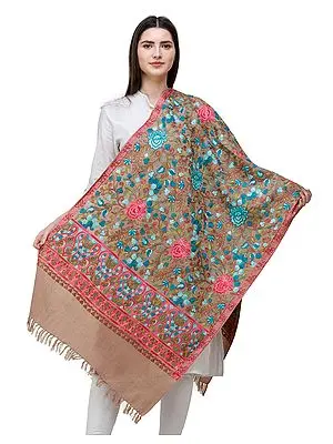 Stucco Woolen Stole from Kashmir with Multi-Color Aari-Embroidery