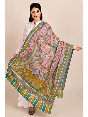 Multi-coloured Pure Pashmina Shawl from Kashmir with Sozni-Embroidery by Hand