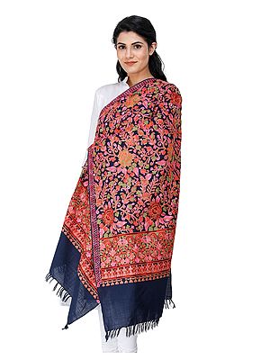 Navy-Blue Woolen Stole from Kashmir with Multi-Color Aari-Embroidery