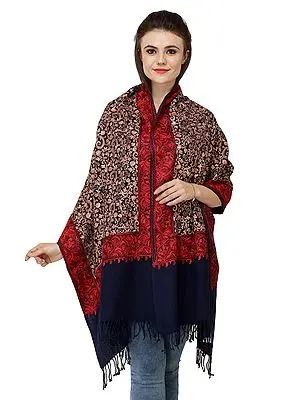 Bellweather-Blue Pure Wool Heavily Embroidered Stole from Amritsar
