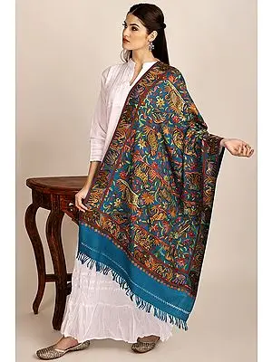 Layons-Blue Woolen Stole from Kashmir with Aari-Embroidered Animals by Hand