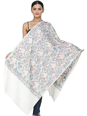 Snow-White Woolen Stole from Kashmir with Aari-Embroidery