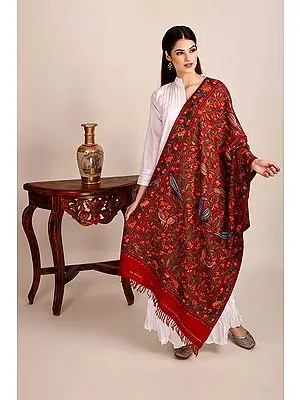 Ribbon-Red Woolen Stole from Kashmir with Aari-Embroideed Birds by Hand