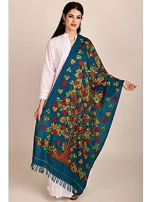 Seaport Woolen Stole from Kashmir with Hand-Embroidered Tree of Life