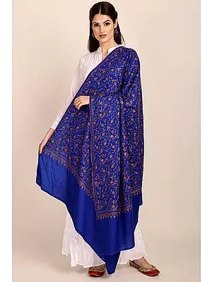 Bluing Tusha Shawl from Kashmir with Sozni Hand-Embroidered Flowers All-over
