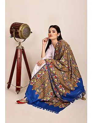 Princess Blue Woolen Stole from Kashmir with Aari-Embroidered Floral Vines By Hand