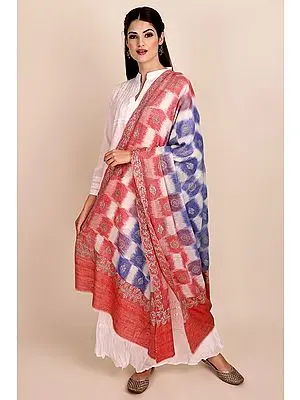 Racing-Red Ikat Handloom Shawl from Srinagar with Sozni-Embroidery by Hand