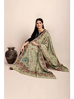 Feather-Gray Pure Pashmina Shawl from Kashmir with Sozni-Embroidered Floral Vines
