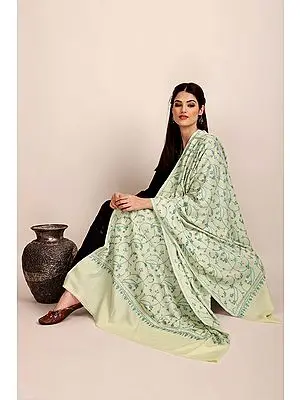 Cannoli-Cream Pure Pashmina Shawl from Kashmir with Sozni-Embroidery by Hand