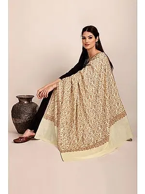 Summer-Sand Handloom Pure Pashmina Shawl from Kashmir with Sozni-Embroidery by Hand
