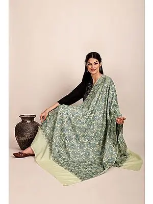 Ivory Pure Pashmina Shawl from Kashmir with Sozni-Embroidery by Hand