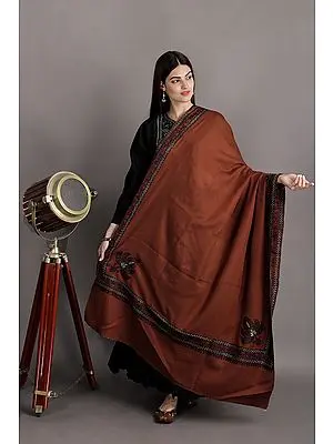 Wool Shawl From Kashmir With Sozni Hand-Embroidered Paisley Border And Corners