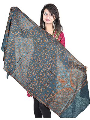 Sycamore-Green Kashmiri Tusha Stole with sozni Embroidery by Hand