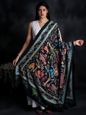Pure Wool Shawl from Kashmir with Kalamkari Hand-Embroidered Depicting Village Life | Handwoven