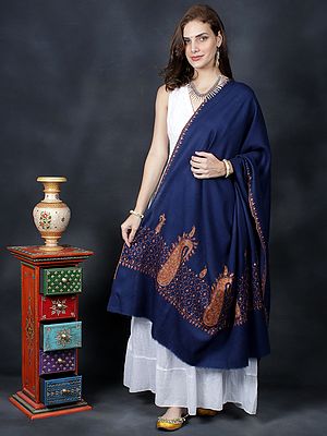 Shawl from Kashmir With Jaal Pattern Sozni Hand-Embroidered Paisley-Flowers