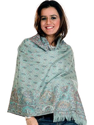 Tea-Green Kani Stole with All-Over Weave