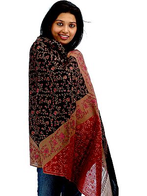 Tri-Color Tusha Shawl from Kashmir with Embroidered Chinar Leaves