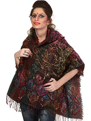 Tri-Color Woven Jamawar Stole with Aari-Embroidered Flowers