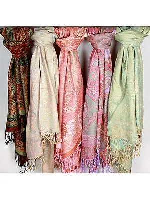 Lot of Five Woven Jamawar Stoles